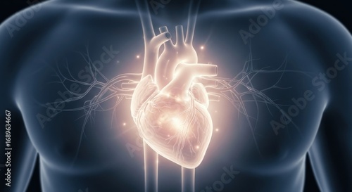Glowing Human Heart Anatomy with Veins and Arteries on a Torso Silhouette