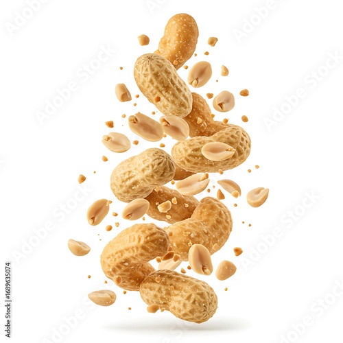 Peeled Peanuts levitating in air on white background. Isolated Falling crushed peanuts. Peanut explosion