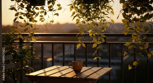 Golden hour on the balcony: Coffee cup, hanging plants, and distant cityscape