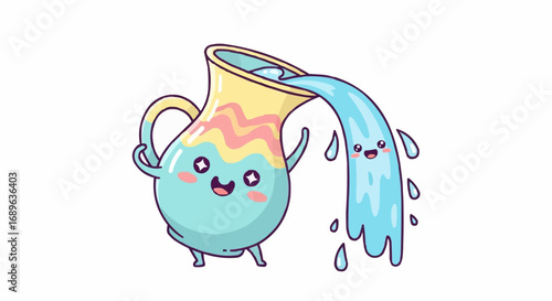 Cute cartoon pitcher pouring water happy kawaii style vector illustration