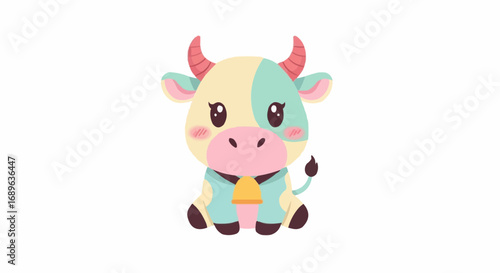 Cute cartoon cow illustration with pastel colors, bell and adorable expression