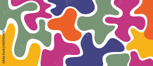 Abstract organic pattern, colorful amoeba shapes, modern art design, seamless texture, vibrant background, fluid form, puzzle style, graphic template