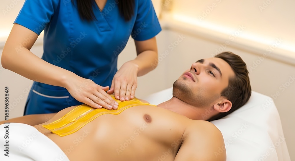 Obraz premium Man receiving chest wax treatment.