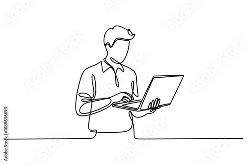 Continuous one line drawing of  young man working on laptop