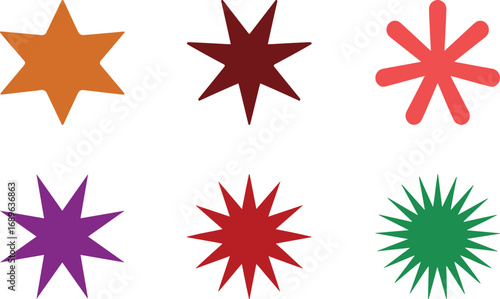 Star shape collection, vector icons, colorful designs, various points, graphic symbols, abstract silhouettes, decorative elements, geometric stars, modern template
