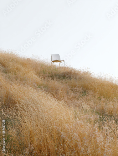 An image of a white chair against the blue sky in the steppe, in the wind, a conceptual illustration.