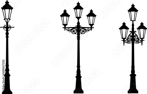 Silhouette illustration of three vintage street lamps with ornate designs and classic architectural style | editable eps vectors