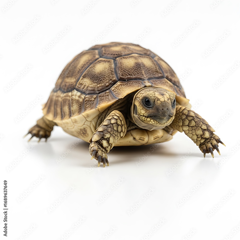 Obraz premium Cute small baby African Sulcata Tortoise in front of white background, African spurred tortoise isolated white background studio lighting,Cute animal Photo for Commercial Use
