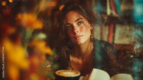An image of a young woman with long hair and beautiful eyes, thoughtfully drinking coffee in a café with a book.