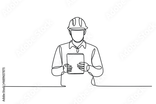 Construction worker in helmet continuous one line vector drawing