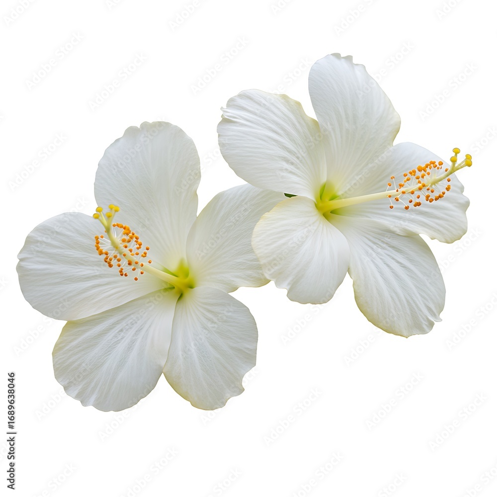 Fototapeta premium Two White Hibiscus Flowers Isolated on a white background, Photo for Commercial Use