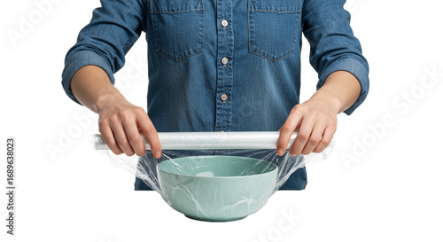 Food preservation concept: female hands covering bowl with transparent food wrap to keep food fresh. Studio photo on transparent background, PNG.