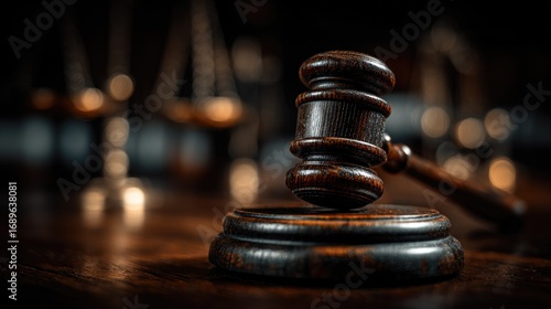 Wooden Gavel on Desk in Courtroom