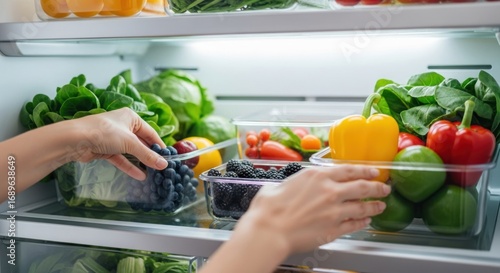Hands arranging fresh produce in clear containers inside a well-lit refrigerator