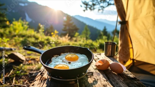 Fried eggs outdoor morning breakfast
