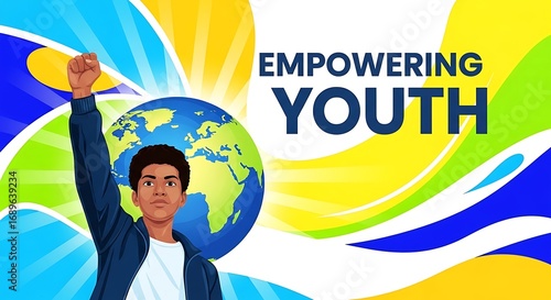 Empowering youth with a raised fist and globe, symbolizing global impact and future potential