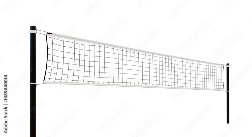 Fototapeta premium A volleyball net with black poles and a white net is centered on a white background in a studio shot