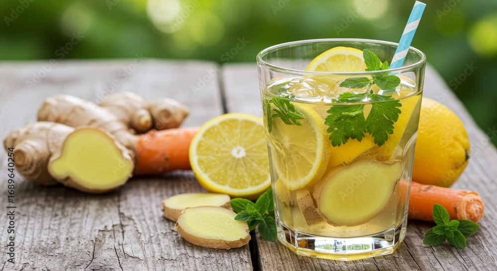Fototapeta premium Refreshing Ginger Lemon Drink with Fresh Ingredients on Wooden Surface