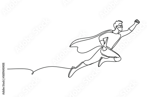 Minimal one line superhero flying sketch vector design for fantasy character courage and motivation