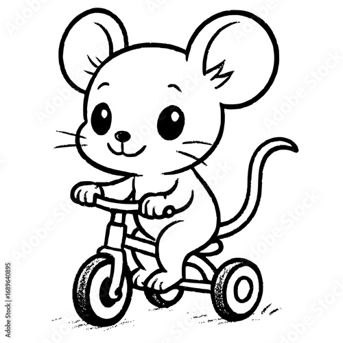 Happy mouse riding a tricycle, cheerful children's illustration