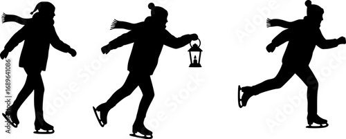 Silhouettes of three people ice skating one with a lantern and one with a scarf and hat on winter day | editable eps vectors

