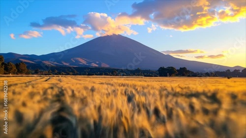 Golden wheat field mountain landscape