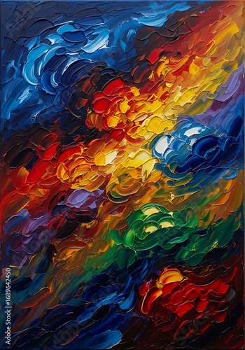 A vibrant abstract painting, full of bold colors and textured brushstrokes, showcasing a dynamic and energetic composition.