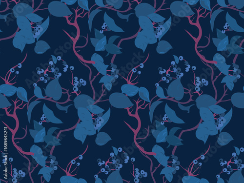 Elegant seamless pattern with berry branches on a mystical blue background. Abstract botanical wallpaper. Red elegantly twisting branches of blueberry (elderberry) trees print. Vector illustration