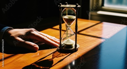 Hourglass on Wooden Table with Hand and Dramatic Lighting
