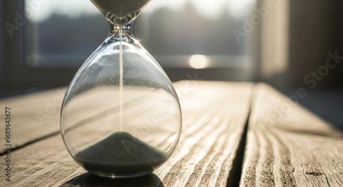 Hourglass with Sand Flowing on Weathered Wood Surface in Bright Sunlight