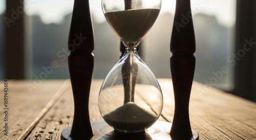 Hourglass with wooden stand, sand flowing, time passing, on rustic table, backlit by soft window light