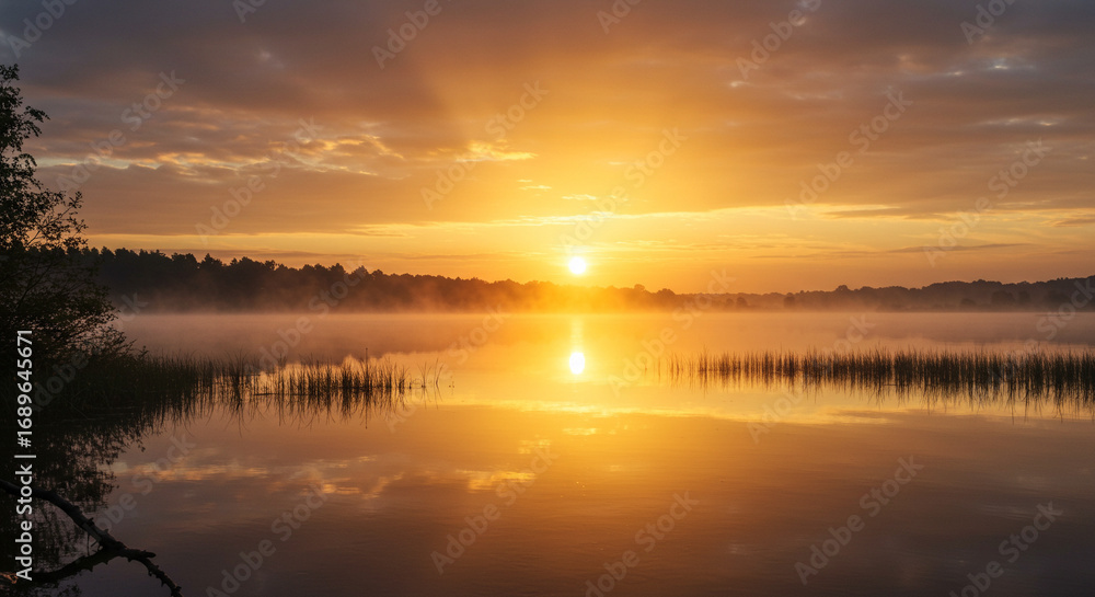 Fototapeta premium Sunrise Over Calm Lake Reflection