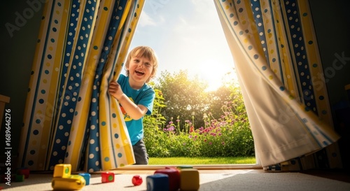 Joyful boy peeking through polka dot curtains into sunlit garden