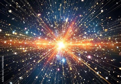 A vibrant burst of light radiates outward from a central point, creating a dynamic and energetic explosion of colors across the dark background.