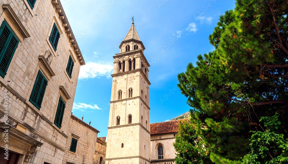 Obraz premium Old stone church tower in a European town