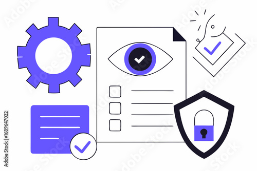 Abstract illustration of data security and compliance with checks eye shield and gear icons