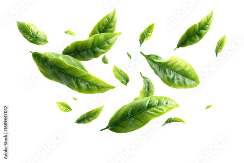 Fresh tea leaves scattered in the air.  Bright green leaves of various sizes and shapes float in a dynamic, upward motion against a black background