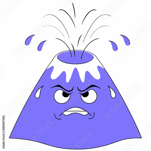 Angry cartoon volcano erupting with water and sweat droplets on white background