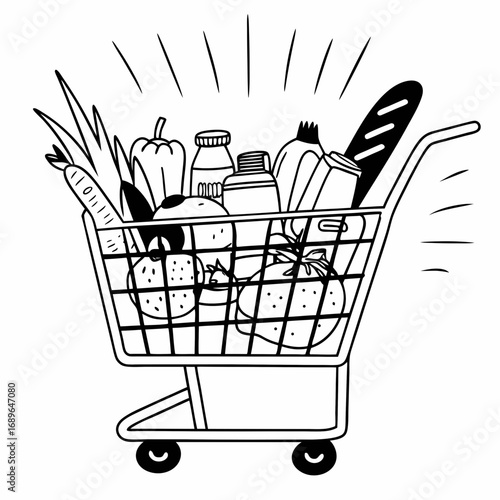 Black and white illustration of a full grocery shopping cart overflowing with fresh food and products