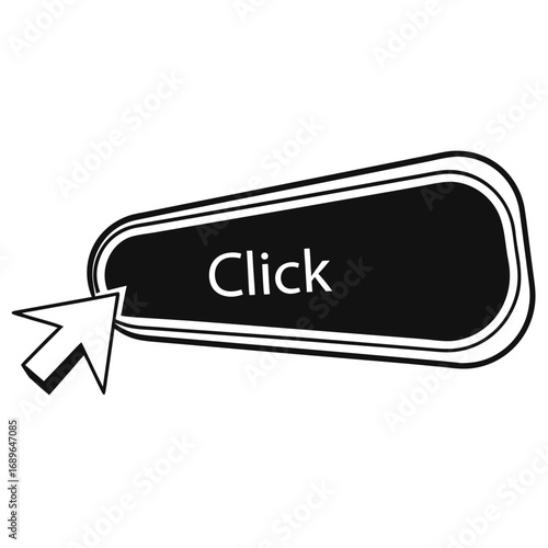 Black button with the word click and a white arrow cursor pointing to it on a white background