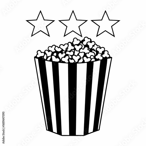 Classic striped popcorn bucket overflowing with popcorn and three stars above representing a top rating