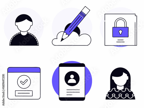 Collection of flat design icons representing user profiles cloud computing security and digital forms