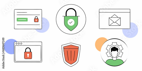 Collection of hand drawn icons representing cybersecurity concepts like data protection secure communication and user access