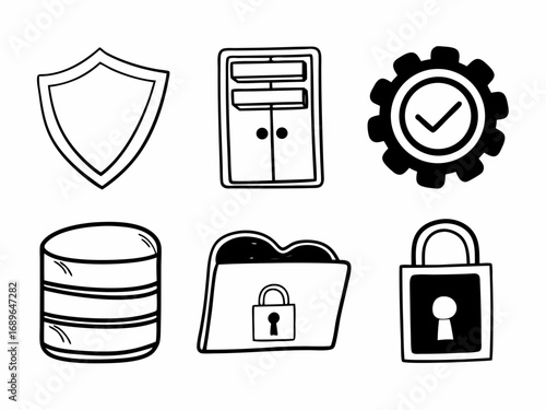 Collection of hand drawn icons representing cybersecurity concepts such as security protection data storage and system settings