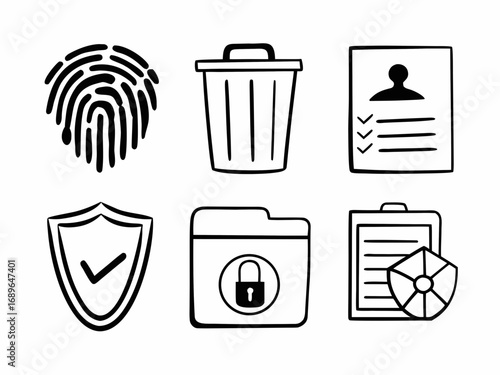 Collection of hand drawn icons representing security privacy data management and deletion concepts