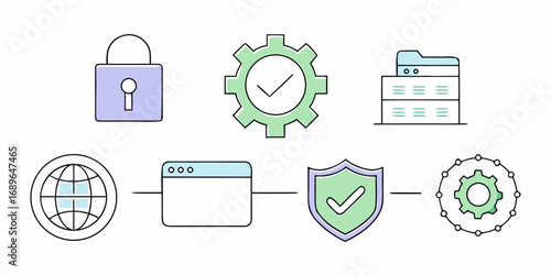Collection of icons representing digital security data management and operational processes in a simplified modern style