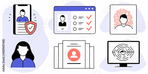 Collection of icons representing personal data security identity verification and user profiles
