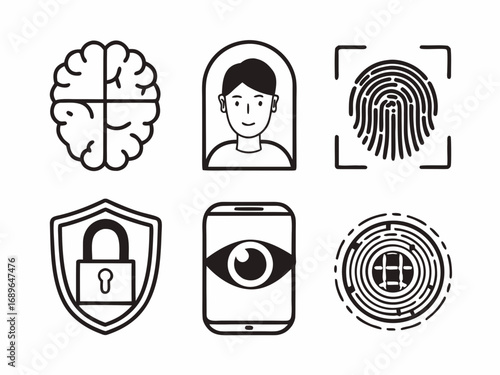 Collection of icons representing security privacy identity and technology concepts in a clean outline style
