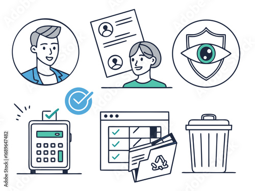 Collection of illustrated icons representing various business processes like hiring data security payment and document management
