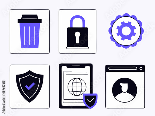 Collection of modern flat design icons representing security privacy data protection and system settings